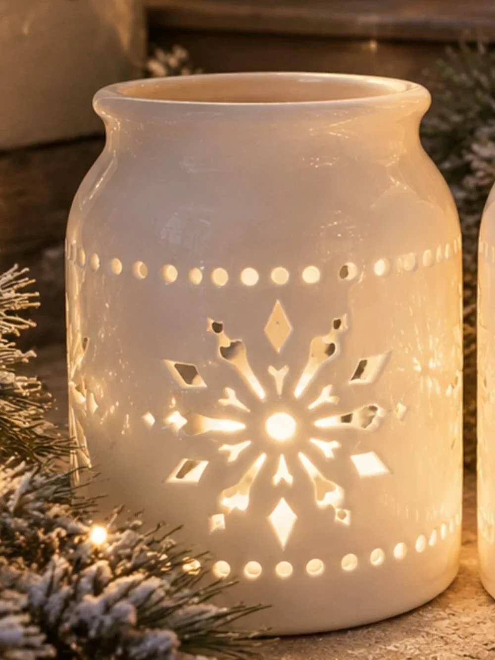Set of 2 Charming Ivory Snowflake Cutout Luminiary Candleholders